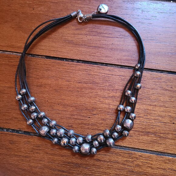 Trades By Haim Shahar 925 Silver Bead Bubbles Beaded-Leather Necklace Signed - Picture 1 of 4